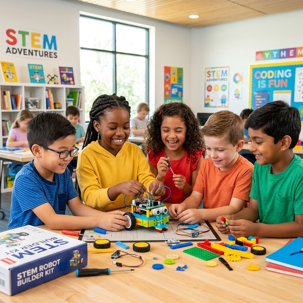 Anak-anak belajar merakit robot di kelas STEM
